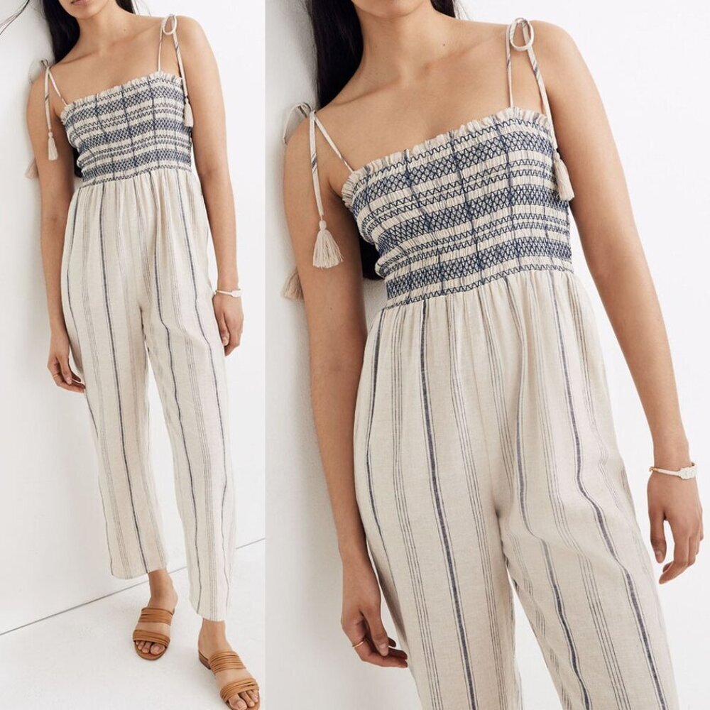 Madewell Striped Smocked Cami Jumpsuit S Cotton Linen Blend Tassel Strap Tie$138